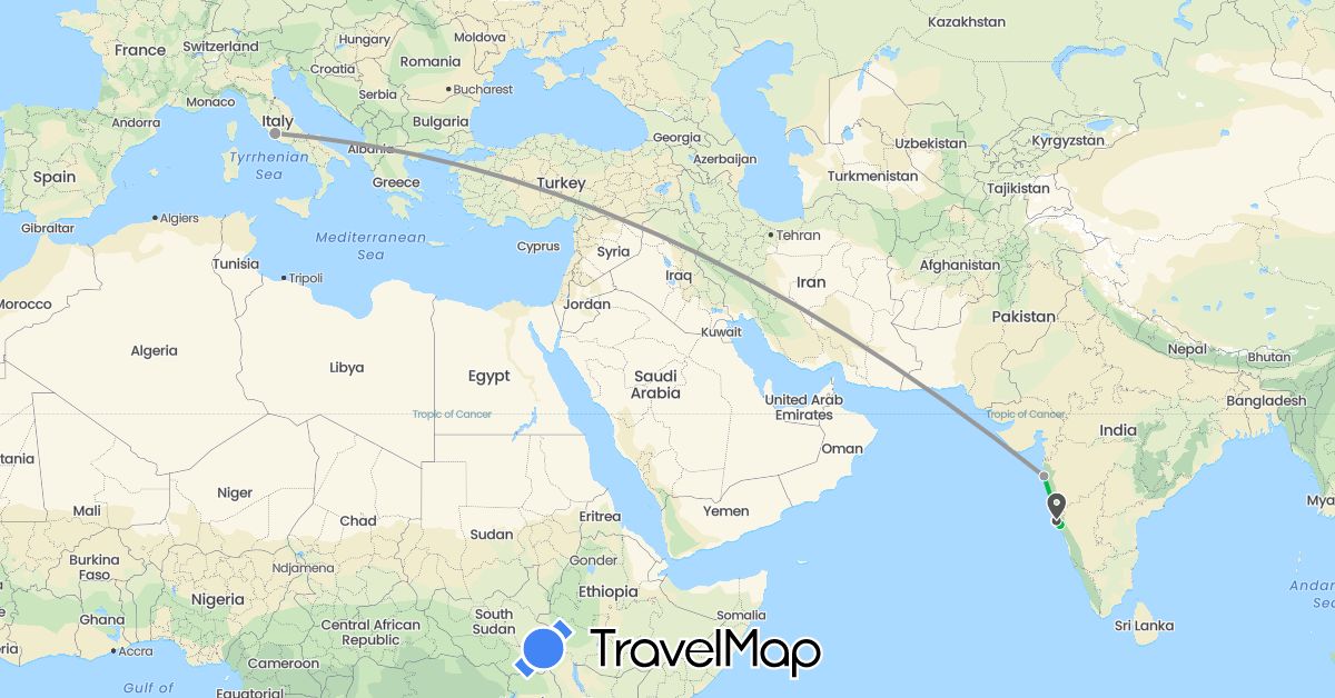 TravelMap itinerary: driving, bus, plane, motorbike in India, Italy (Asia, Europe)
